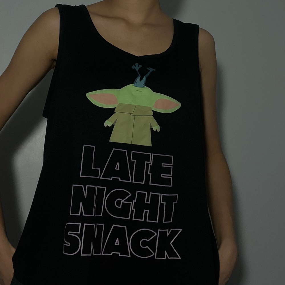 Black Tank Top with Green and Beige Graphic